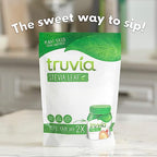 A package of Truvia Stevia Leaf sits on a countertop, featuring green and white branding, with text promoting it as a plant-based sweetener and suggesting it can refill a jar twice.