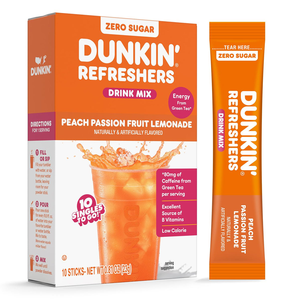 Dunkin' Refreshers Drink Mix, 10 sticks - Peach Passion Fruit Lemonade
