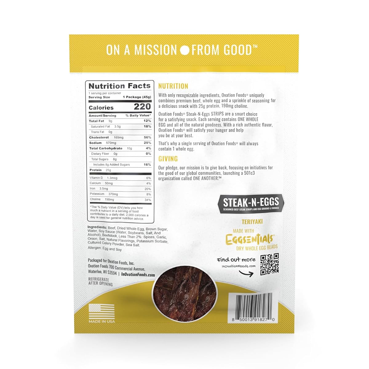 Ovation Foods Steak-N-Eggs Protein Jerky, 1.6 oz - Teriyaki