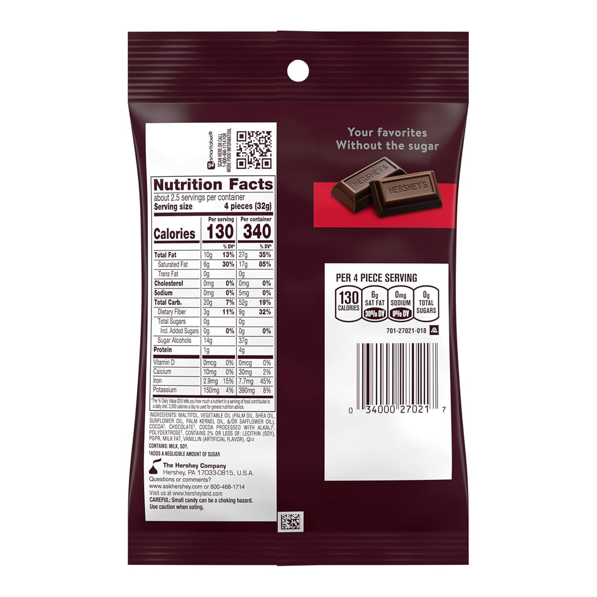 The back of a Hershey's chocolate packaging displays nutrition facts, including calories and serving size, with a photo of chocolate pieces and a QR code for additional information.