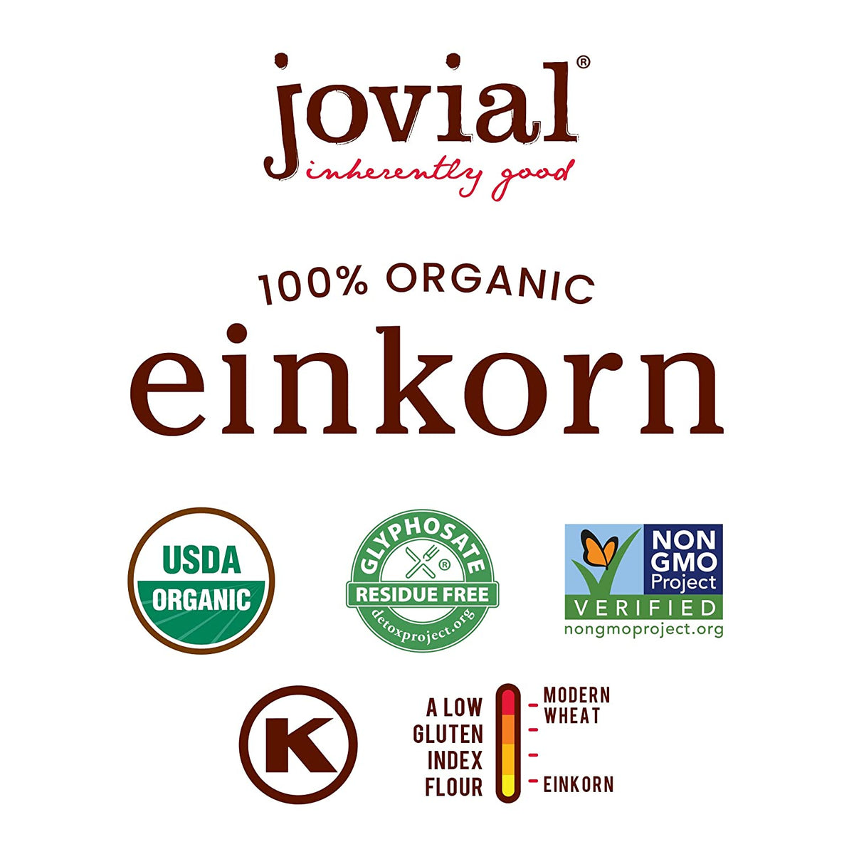 The image displays the branding for Jovial's 100% organic einkorn flour, featuring certification logos for USDA Organic, Glyphosate Residue Free, and Non-GMO Project Verified, along with a low gluten index indicator.