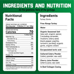 Nutritional label and ingredients list for turkey sticks, detailing calories, fats, protein, and various organic seasonings, set against a green background with bold text.