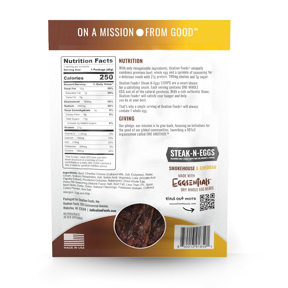 Ovation Foods Steak-N-Eggs Protein Jerky, 1.6 oz - Smokehouse & Cheddar