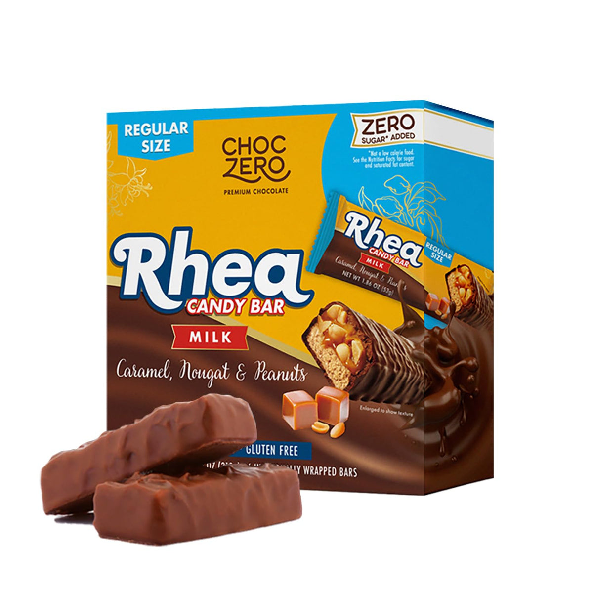 Front package of ChocZero Rhea Candy Bar