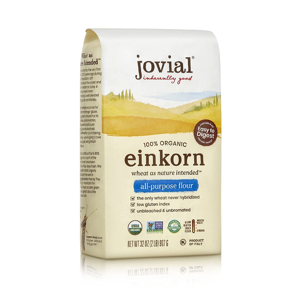 A package of jovial 100% organic einkorn all-purpose flour, featuring a scenic landscape design, highlights its easy digestibility and natural qualities, with a weight of 32 ounces.