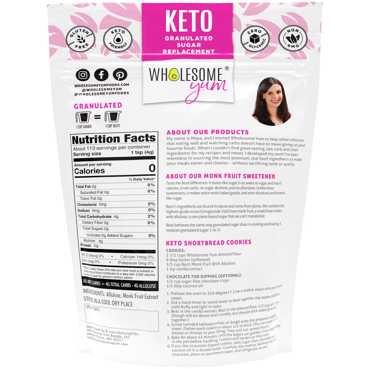 A package of Wholesome Yum's Keto Granulated Sugar Replacement features nutrition facts, product information, and a photo of the founder, highlighting its low-carb, gluten-free attributes.
