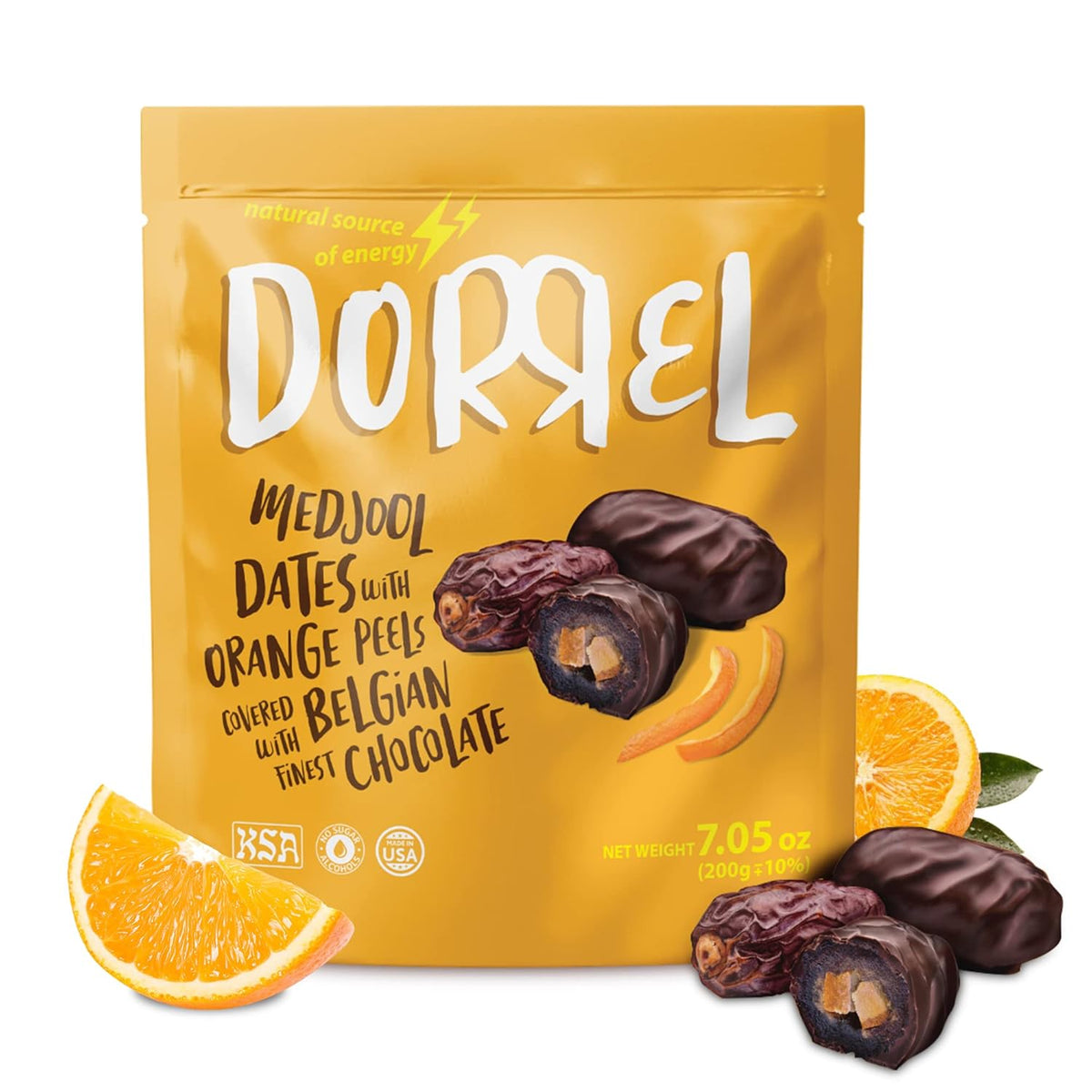 Dorrel Sweets Chocolate Covered Snacks - Chocolate Date Orange Peel, 7.05 oz