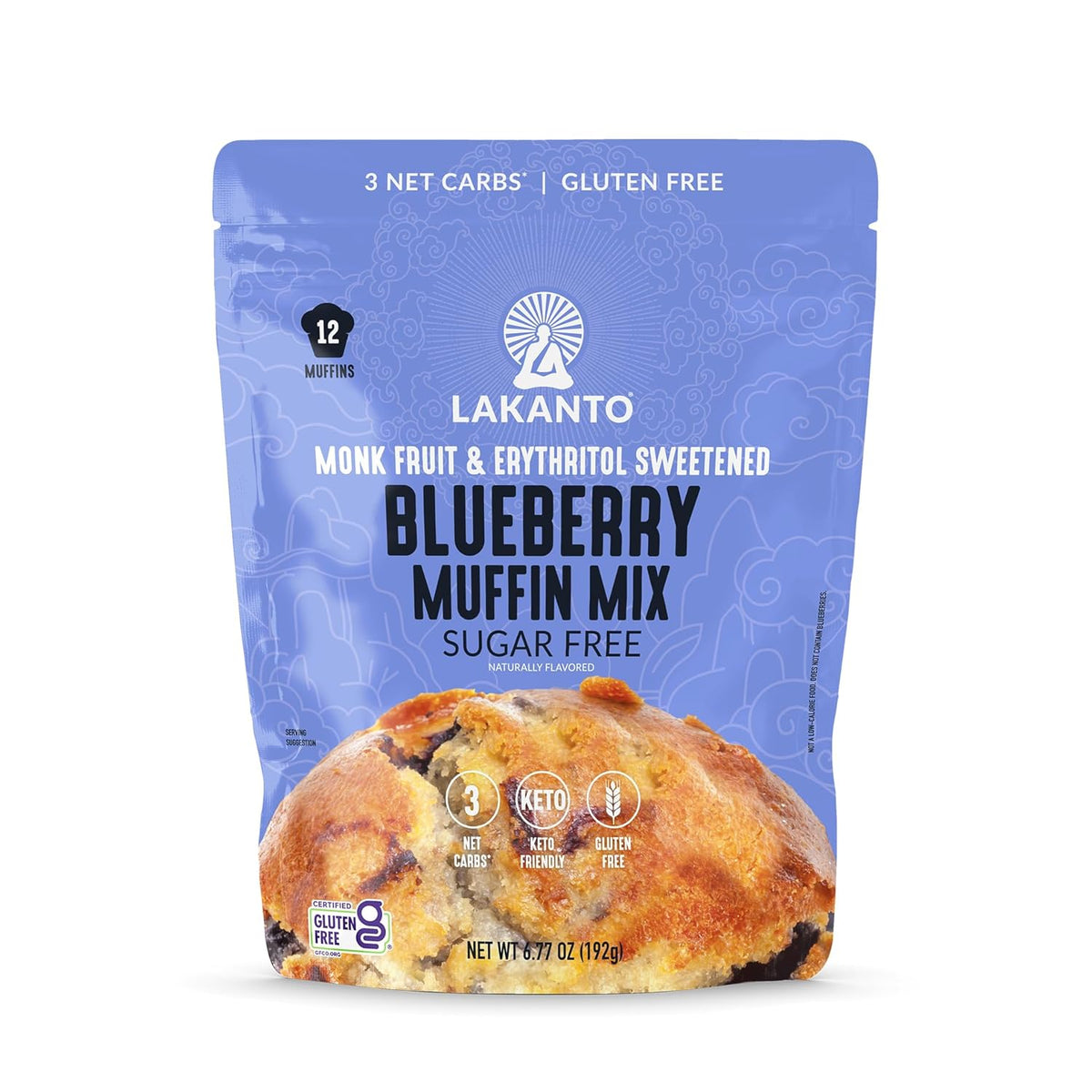 A blue package of Lakanto Blueberry Muffin Mix features a muffin image, highlighting it is sugar-free, gluten-free, and contains 3 net carbs, suitable for keto diets.