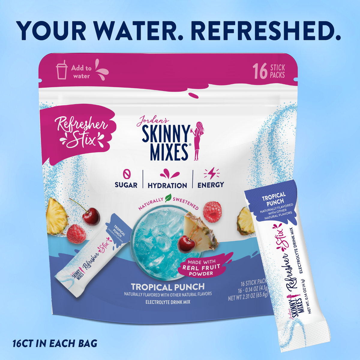 Jordan's Skinny Mixes Refresher Stix, 16 sticks - Tropical Punch