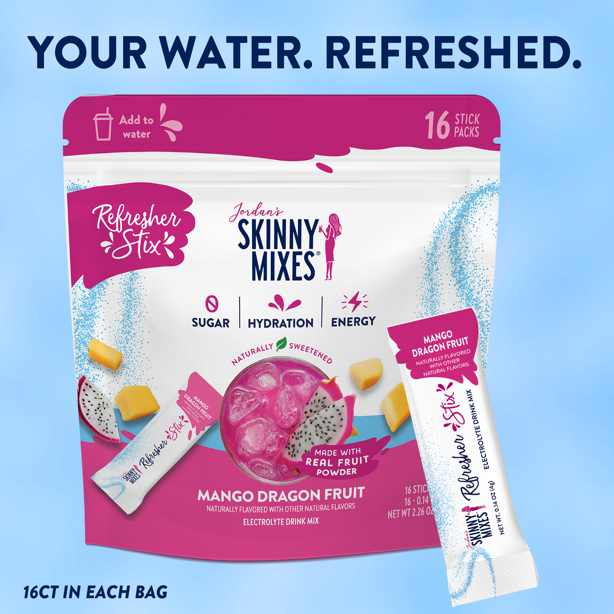 Jordan's Skinny Mixes Refresher Stix, 16 sticks - Mango Dragon Fruit