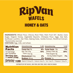 A bright yellow package labeled "Rip Van Wafels Honey & Oats" displays ingredient details and nutrition facts, highlighting its sustainable sourcing and containing eggs, milk, and wheat.