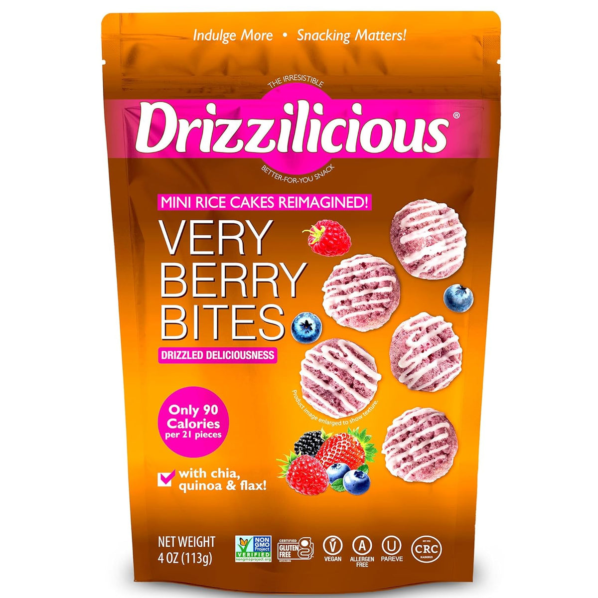 Front package of Drizzilicious Bites - Mini Rice Cakes, Very Berry / 4oz