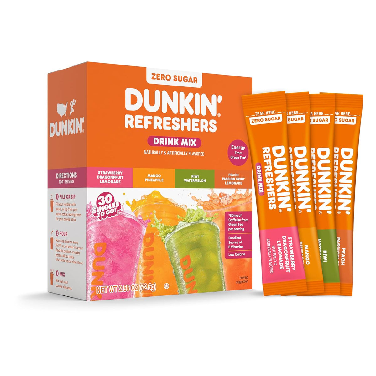 Dunkin Refreshers drink mix variety box with four flavors and individual sticks