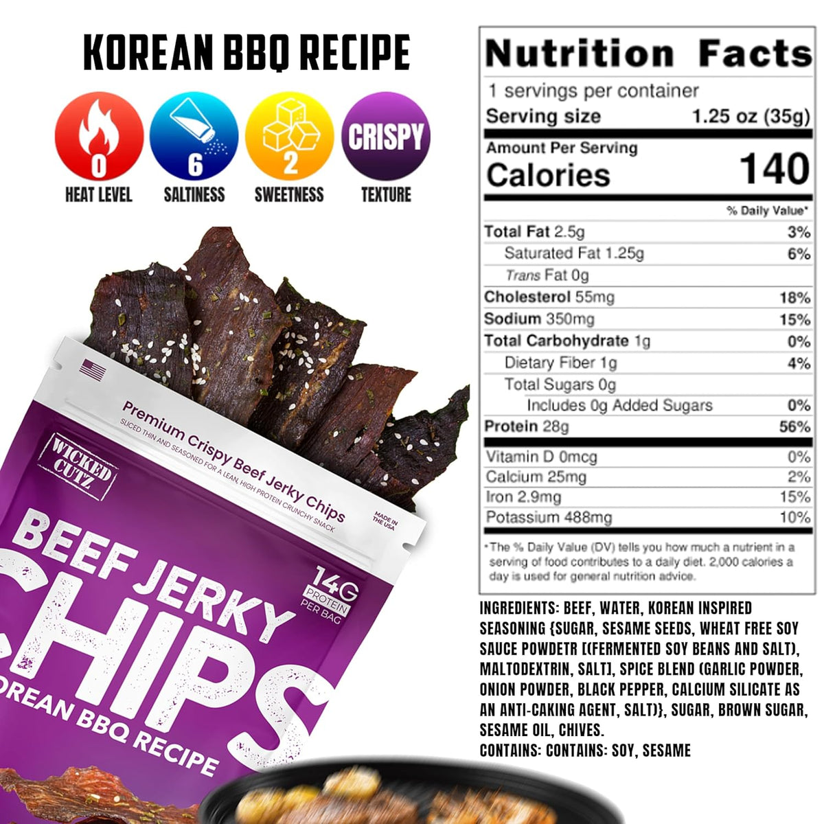 High Protein Beef Jerky Chips by Wicked Cutz - Korean BBQ
