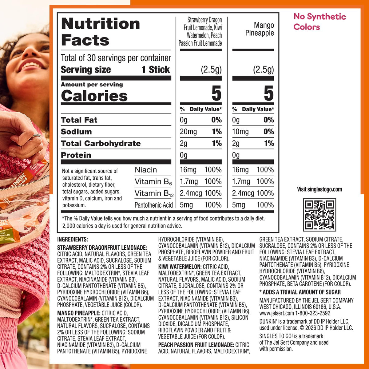 Nutrition Facts and ingredients for the four Dunkin Refreshers drink mix flavors