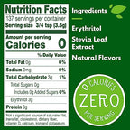 A nutrition facts label displays zero calories per serving, listing ingredients like erythritol, stevia leaf extract, and natural flavors, with serving size noted as 3/4 teaspoon.