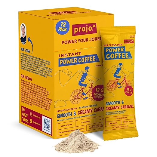 Projo* Instant Power Coffee with Protein - Grab and Go! - Smooth & Creamy Caramel, One Box (12 Packets)