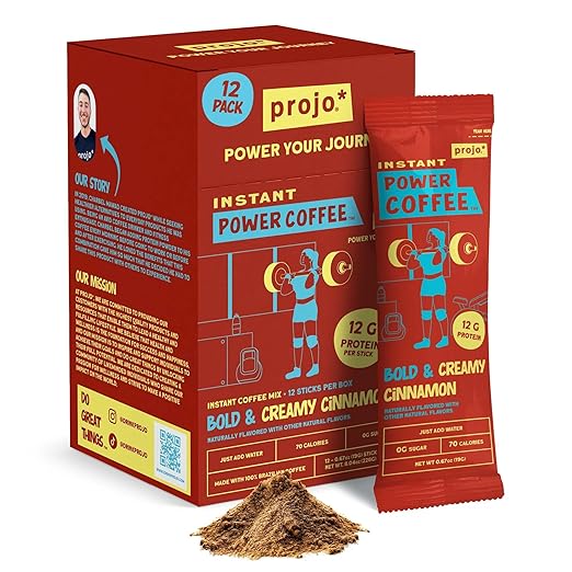 Projo* Instant Power Coffee with Protein - Grab and Go! - Bold & Creamy Cinnamon, One Box (12 Packets)