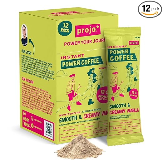 Projo* Instant Power Coffee with Protein - Grab and Go! - Smooth & Creamy Vanilla, One Box (12 Packets)