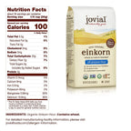 A package of Jovial 100% Organic Einkorn All-Purpose Flour displays nutritional facts on the left, highlighting calories and serving size, with a scenic background of fields on the right.