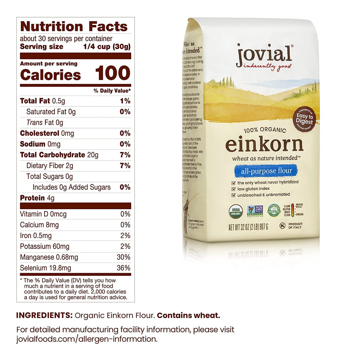 A package of Jovial 100% Organic Einkorn All-Purpose Flour displays nutritional facts on the left, highlighting calories and serving size, with a scenic background of fields on the right.