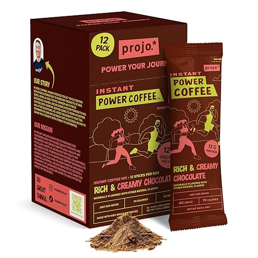 Projo* Instant Power Coffee with Protein - Grab and Go! - Rich & Creamy Chocolate, One Box (12 Packets)