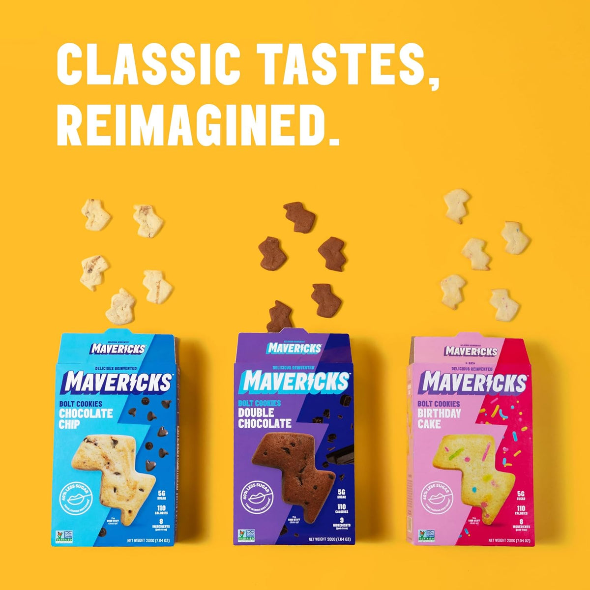 Mavericks Chocolate Chip, Double Chocolate, and Birthday Cake boxes with bolt-shaped cookies