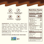 A nutrition label displays ingredients and nutritional information for a product, highlighting features like "No preservatives" and "Non-GMO," with a serving size of one wafel and 130 calories per serving.