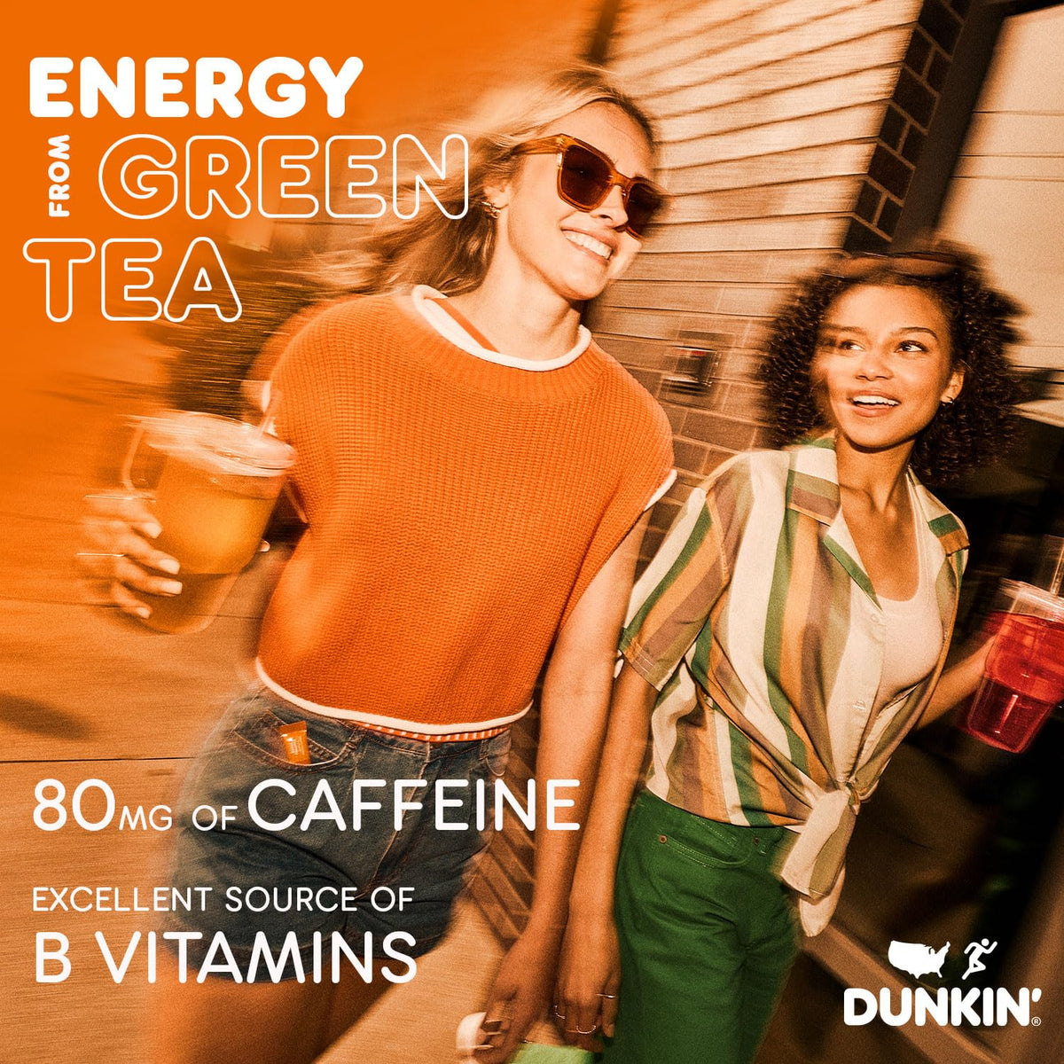 Two people hold Dunkin Refreshers beside text about caffeine from green tea