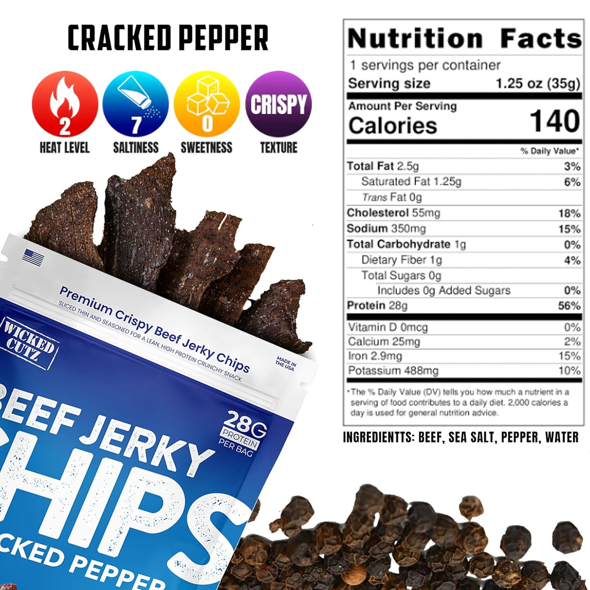 High Protein Beef Jerky Chips by Wicked Cutz - Cracked Pepper