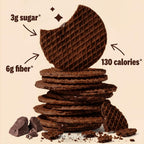 A stack of chocolate wafer cookies with a bite taken out of the top one, displaying nutritional information: 3g sugar, 6g fiber, and 130 calories per serving, alongside pieces of chocolate.