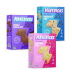 Mavericks Bolt Cookies boxes in Chocolate Chip, Double Chocolate, and Birthday Cake