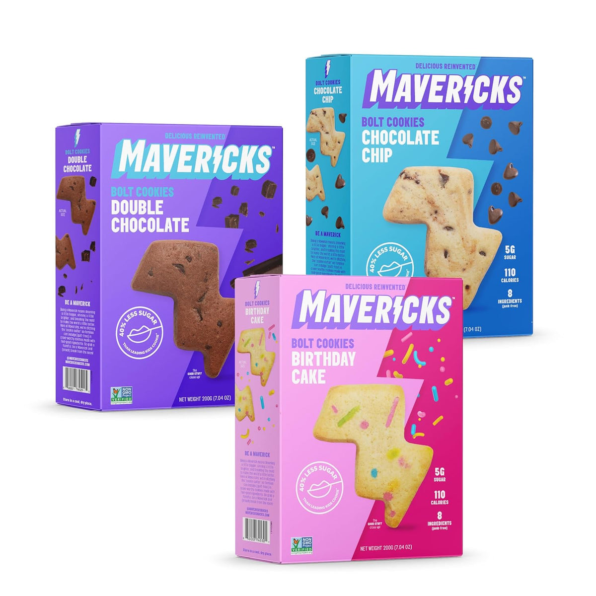Mavericks Bolt Cookies boxes in Chocolate Chip, Double Chocolate, and Birthday Cake