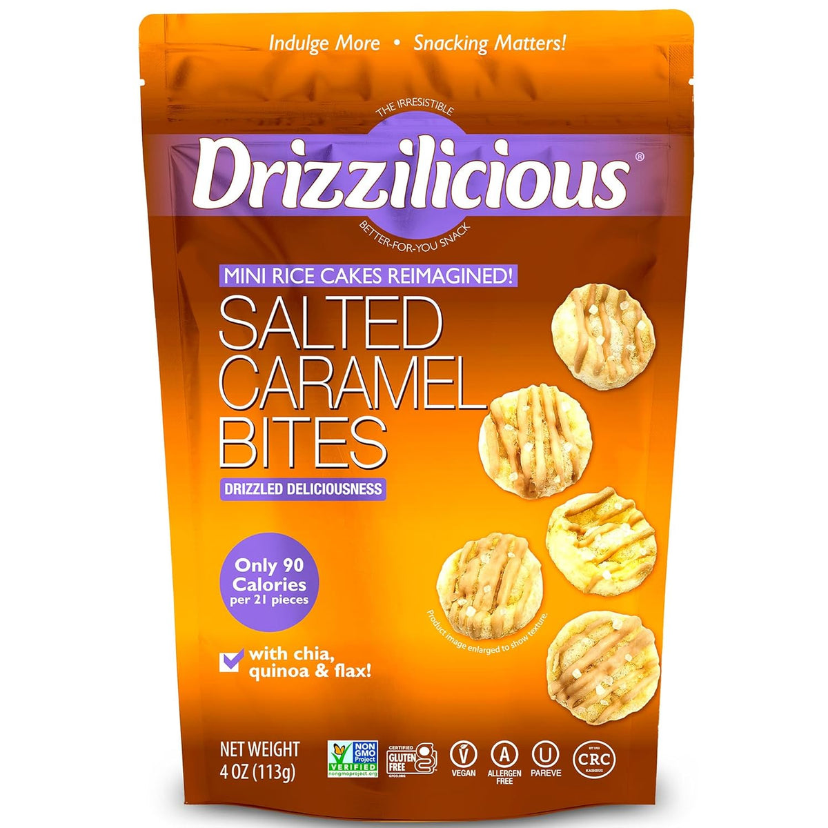 Front package of Drizzilicious Bites - Mini Rice Cakes, Salted Caramel / 4oz