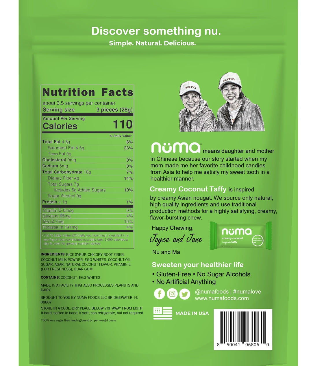 Numa Creamy Coconut pouch back with Nutrition Facts, ingredients, and allergen information