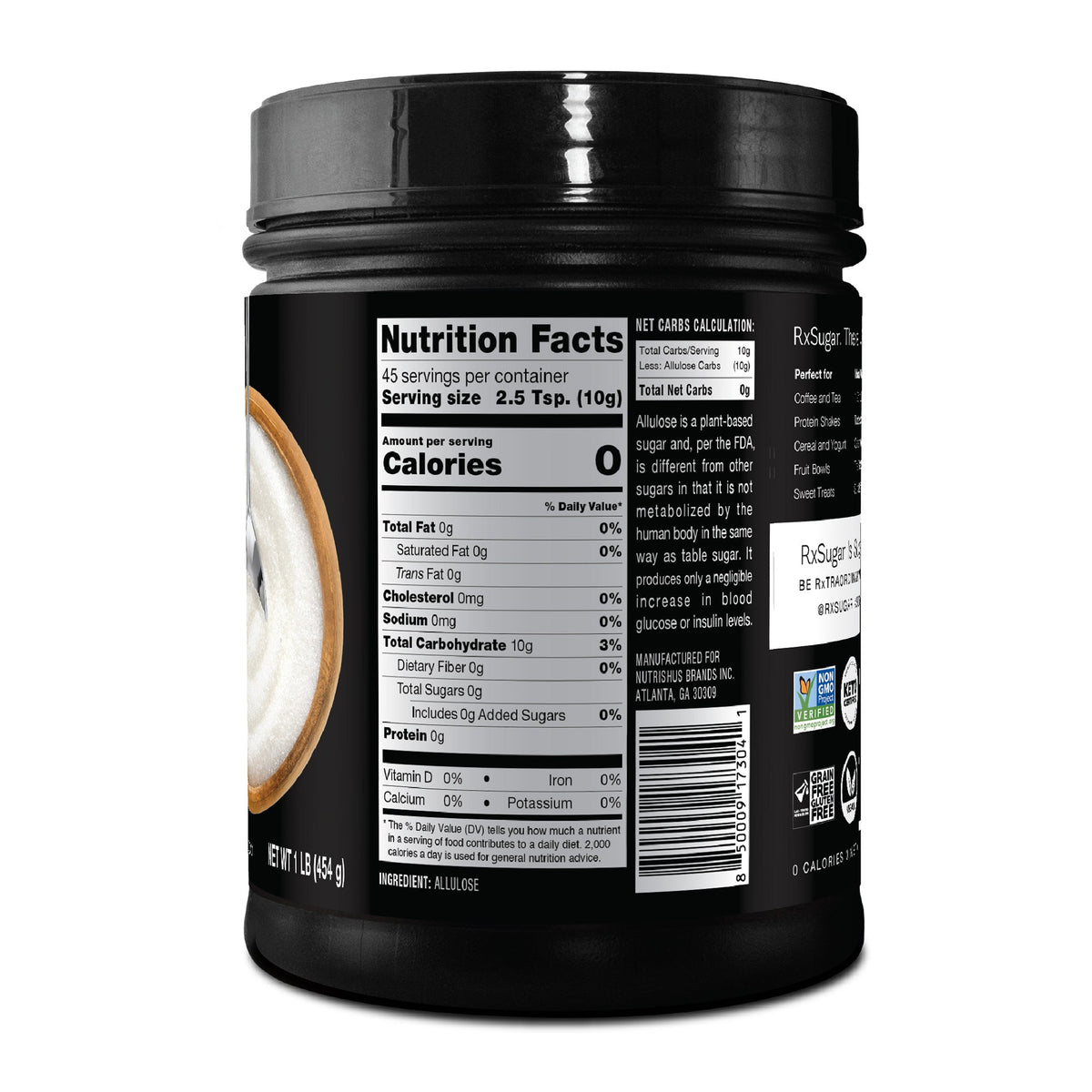 Back of RxSugar Allulose Sugar Canister packaging