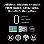 A black background displays text highlighting a product as delicious, diabetic-friendly, plant-based, and free from calories, carbs, and gluten, accompanied by various certification logos.