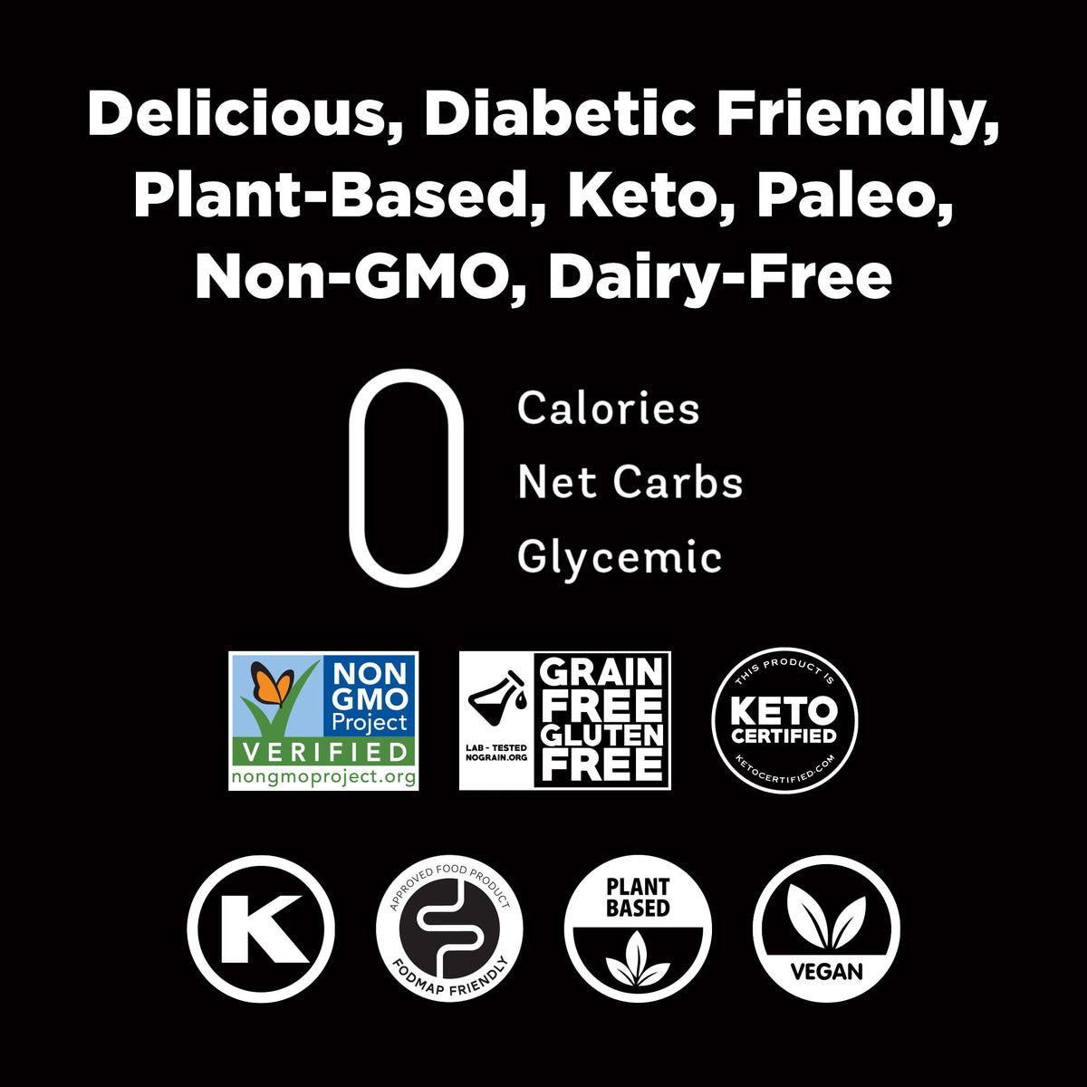 A black background displays text highlighting a product as delicious, diabetic-friendly, plant-based, and free from calories, carbs, and gluten, accompanied by various certification logos.