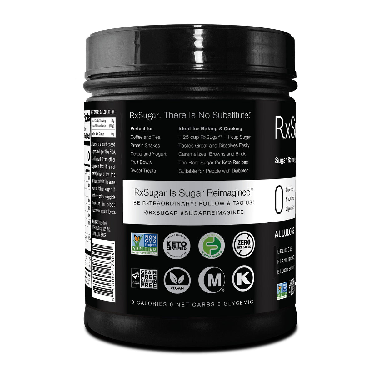 Side view of RxSugar Allulose Sugar Canister packaging
