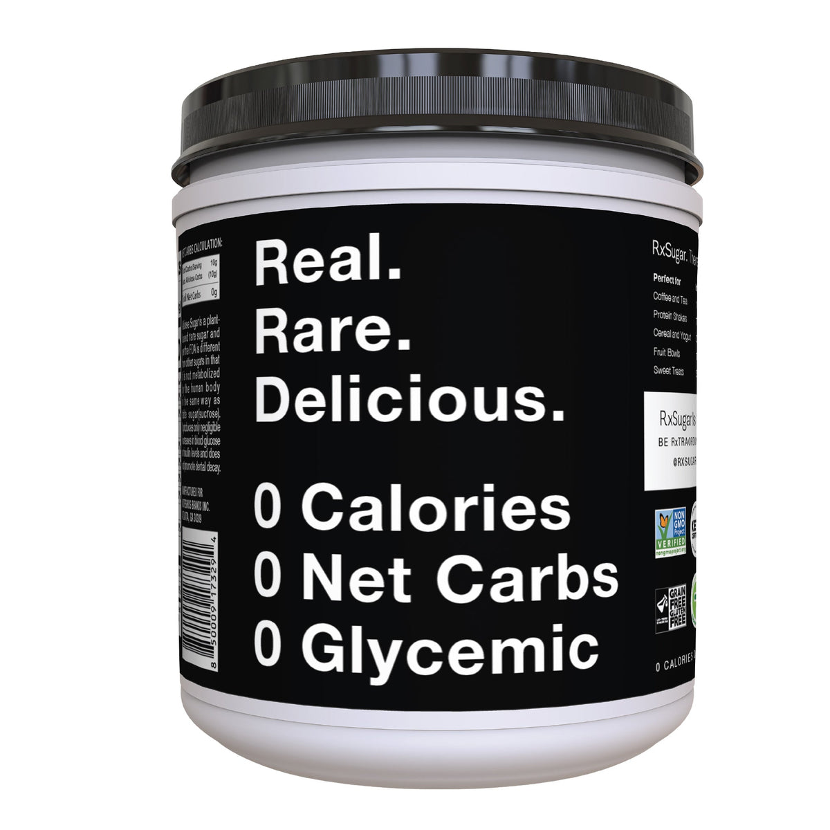 Back of RxSugar Allulose Sugar Canister packaging