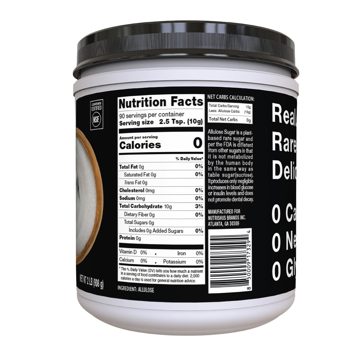 Side view of RxSugar Allulose Sugar Canister packaging