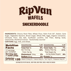 A beige product label for Rip Van Snickerdoodle Wafels displays the brand name at the top, lists ingredients, and provides nutrition facts, indicating it contains egg, milk, and wheat.