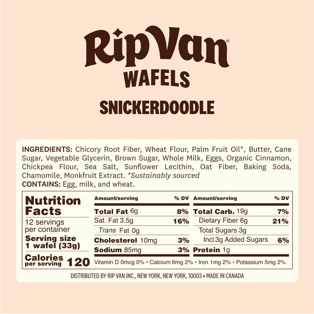 A beige product label for Rip Van Snickerdoodle Wafels displays the brand name at the top, lists ingredients, and provides nutrition facts, indicating it contains egg, milk, and wheat.