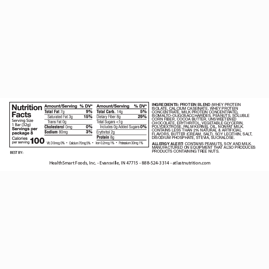 Nutrition Facts and ingredients for AtLast! Minis Peanut Caramel protein bars, per 1 bar (32g).