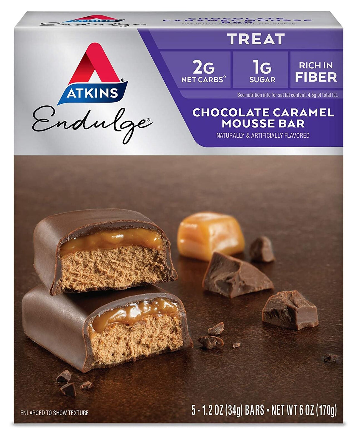 Front package of Atkins Nutritionals Endulge Candy Bars, Chocolate Caramel Mousse, 5 bars
