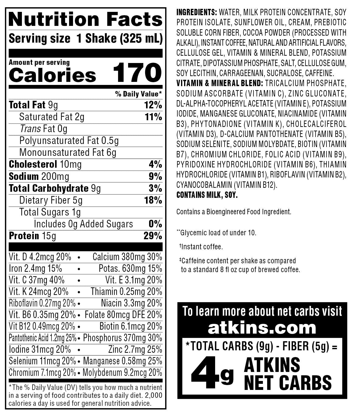 Atkins Nutritionals Iced Coffee Ready-to-Drink Protein Shakes - Mocha Latte, 11 oz, 12 shakes 1 case