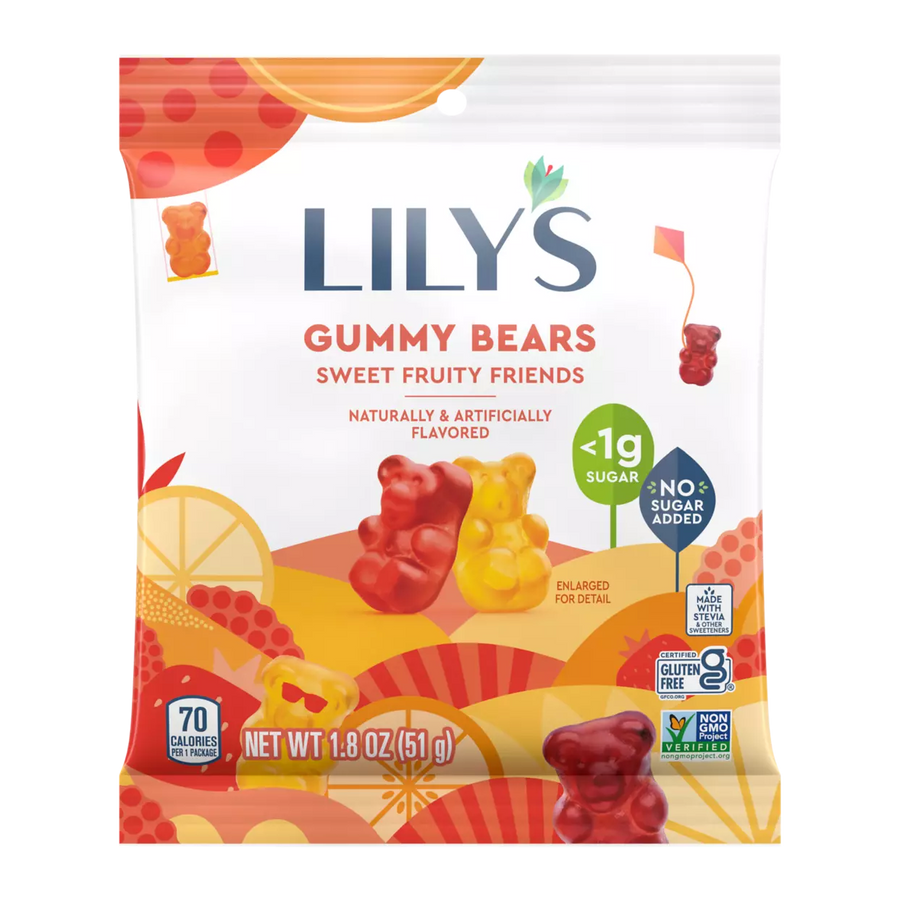 A colorful package of Lily's Gummy Bears features red, yellow, and orange gummy bears with the text "Sweet Fruity Friends," highlighting that they are low in sugar and gluten-free.