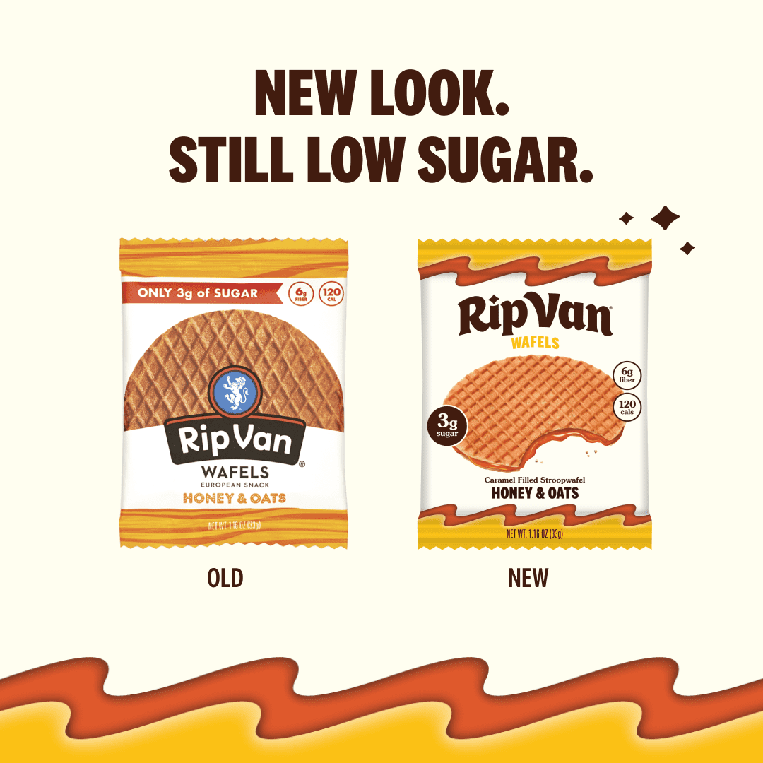 Two packages of RipVan Wafels honey and oats snacks are displayed side by side, showing the old design on the left and the new design on the right, with text highlighting the low sugar content.