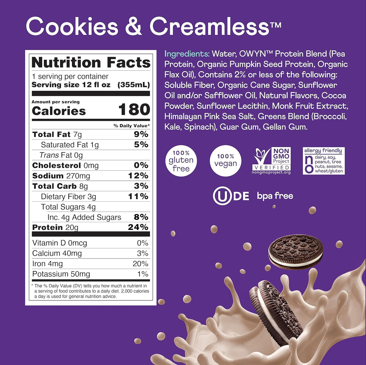 OWYN Plant-Based Protein Shake 20g - Cookie & Creamless
