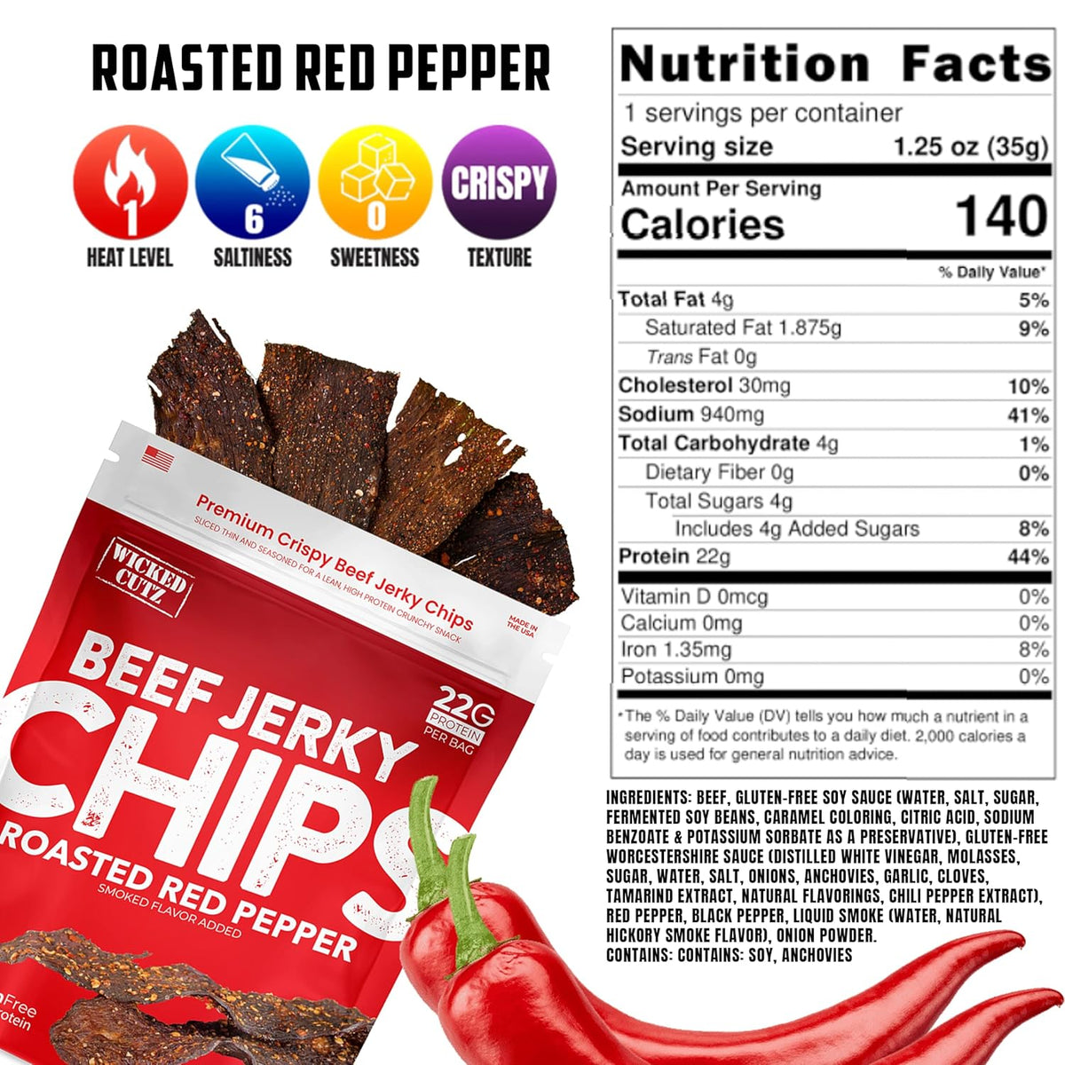 High Protein Beef Jerky Chips by Wicked Cutz - Roasted Red Pepper